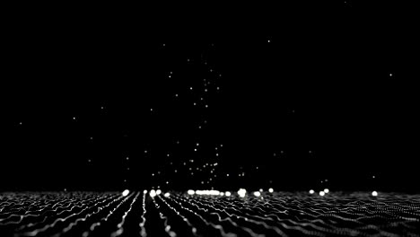 Luminous spheres fall from top and bounce off a grid of moving dots generating other spheres. Bright spheres fall as rain drops on a floor.
