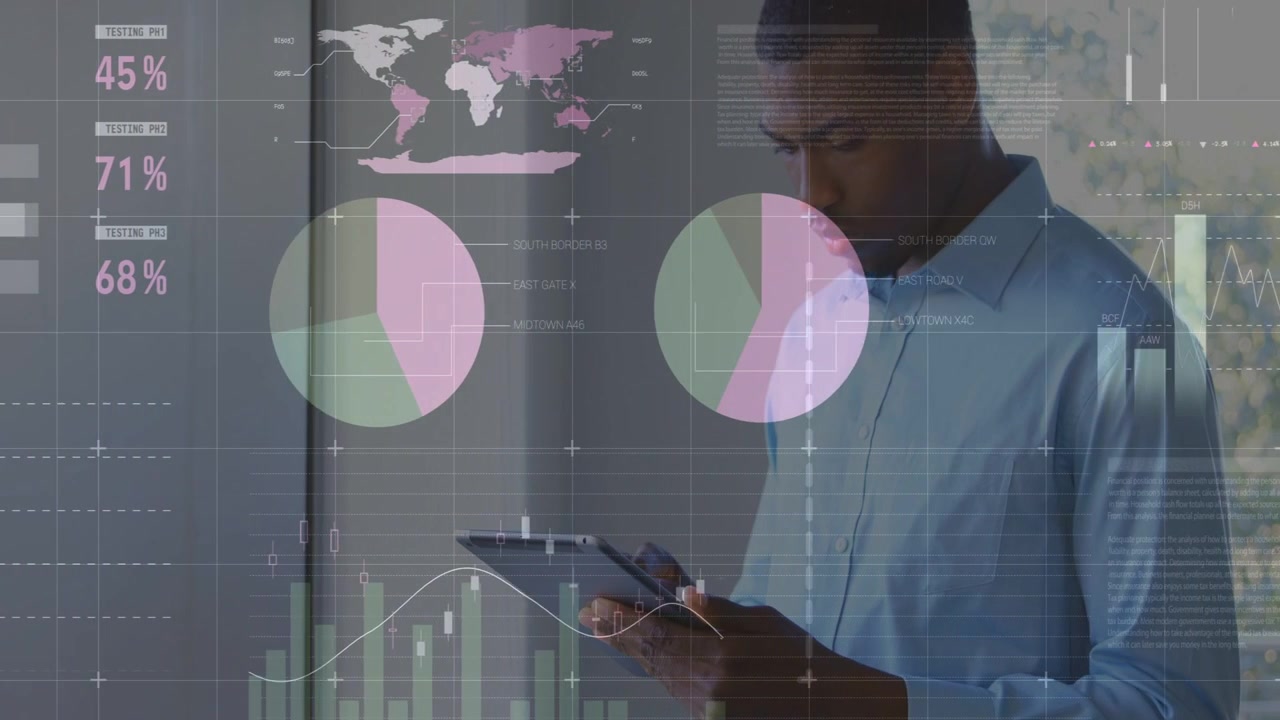 Male analyst tapping tablet and launching analytics HUD, analyzing data, charts overlaying scene