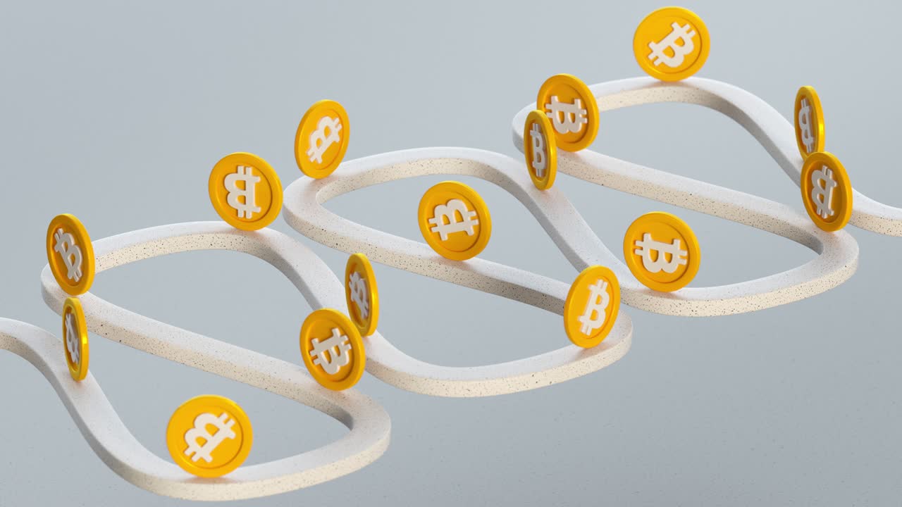 Bitcoin rolling zigzag up seamless loop 3D render animation