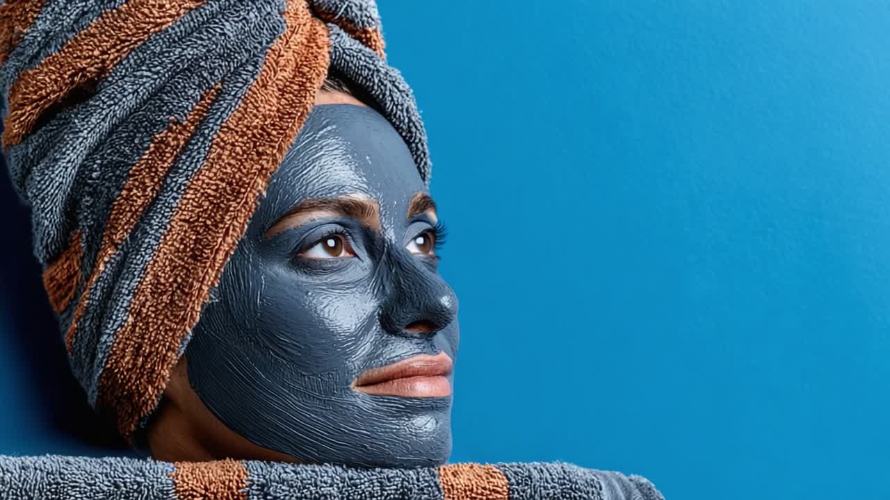 Concedendosi una routine rinfrescante per la cura della pelle: una donna si gode il relax con una maschera viso all'argilla e asciugamani lussuosi su uno sfondo blu vivace.