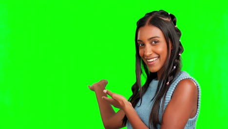 Green-screen-face,-happy-or-woman-gesture