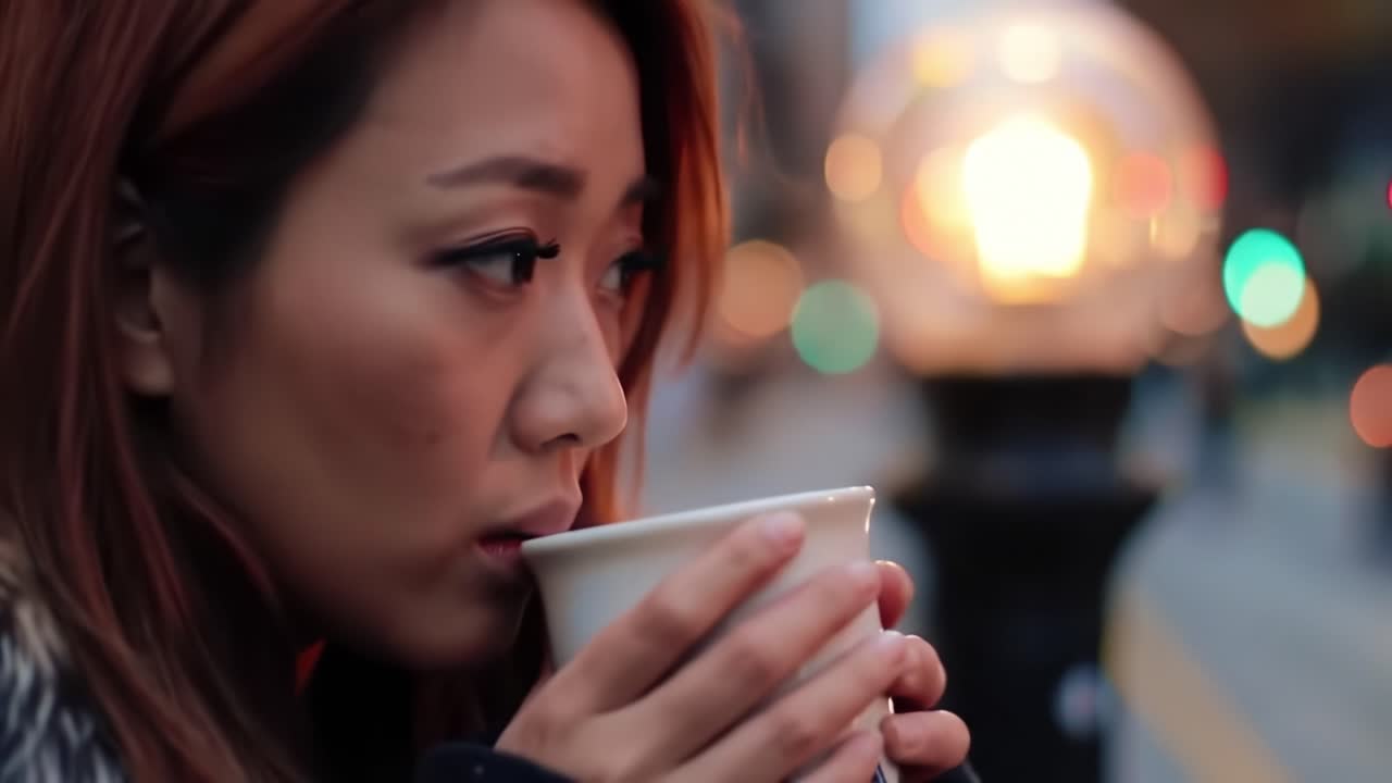 Contemplative Moment: A Young Woman Enjoys a Warm Beverage While Surrounded by City Lights, Capturing a Serene Atmosphere Amidst Urban Life