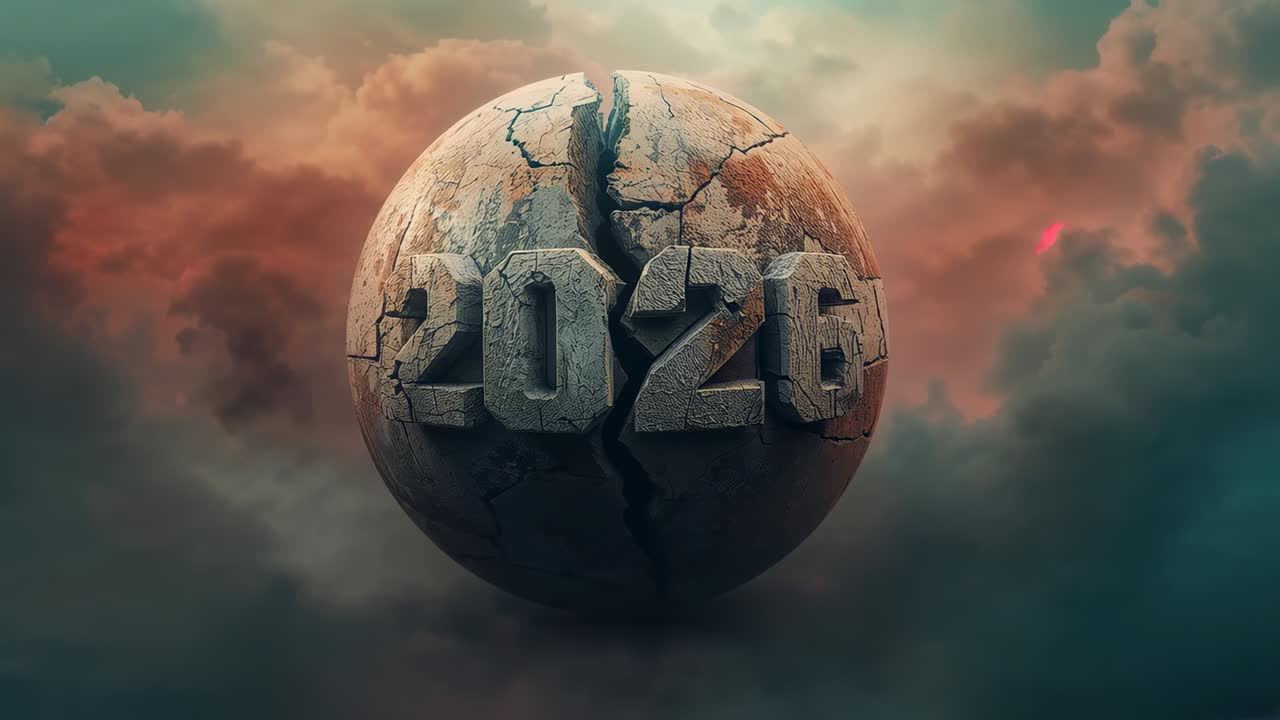 Fissure widening, carved rock sphere cracking, losing chunks in stormy sky, revealing 2026 numerals