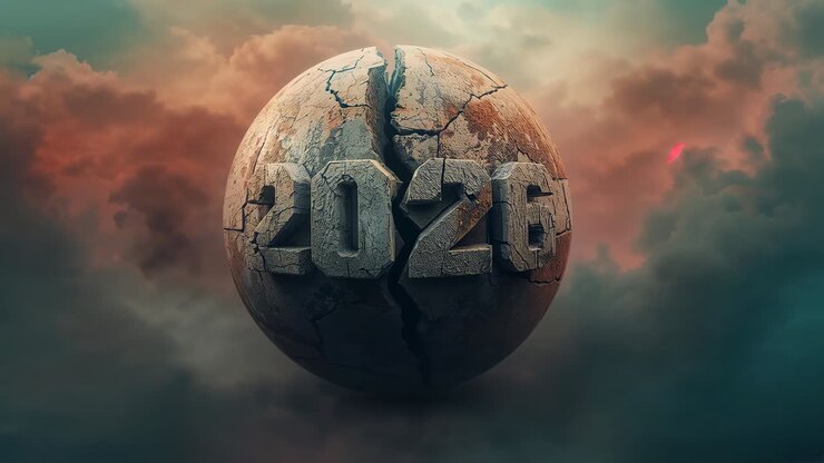 Fessura che si allarga, sfera di roccia scolpita che si spezza, perdendo pezzi in un cielo tempestoso, rivelando i numeri 2026