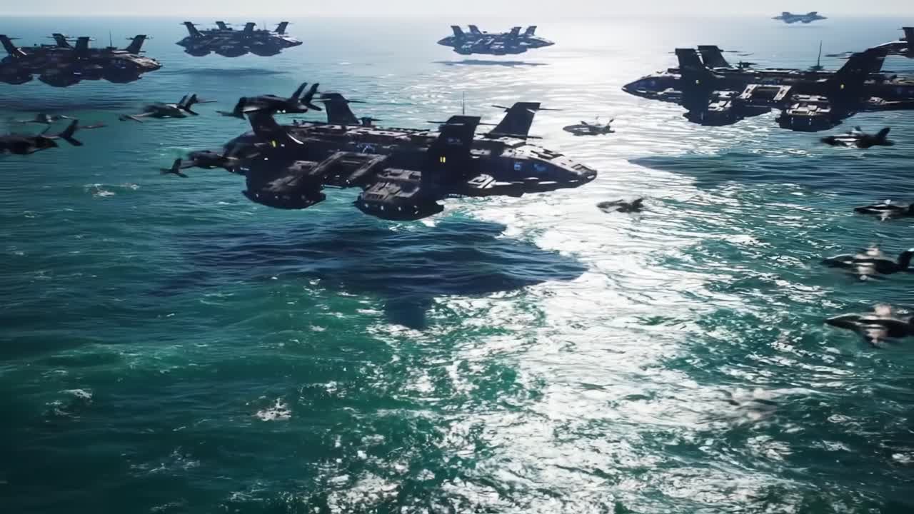 A Futuristic Naval Armada: Advanced Military Aircraft and Massive Sea Vessels Maneuvering Over Sparkling Ocean Waters in a Daring Show of Power and Technology