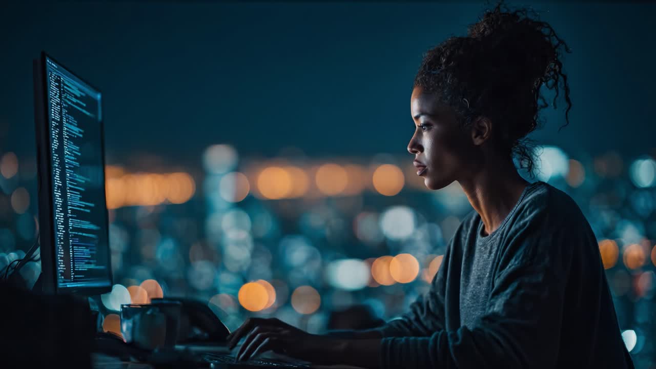 Focused Programmer Engages in Late-Night Coding Session, Surrounded by City Lights, Reflecting Creativity and Determination Towards Achieving Goals