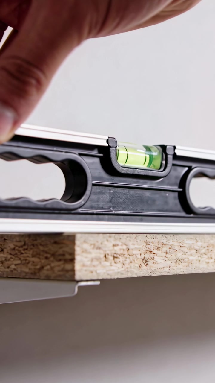 Vertical video: Lowering hand placing spirit level on shelf at wall, nudging bubble to align board