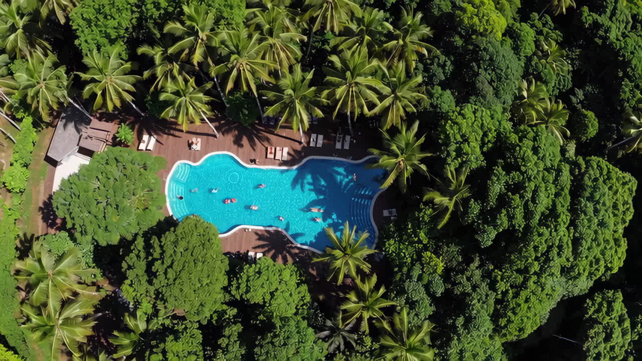 Aerial view of a tropical resort swimming pool surrounded by palm trees with people swimming