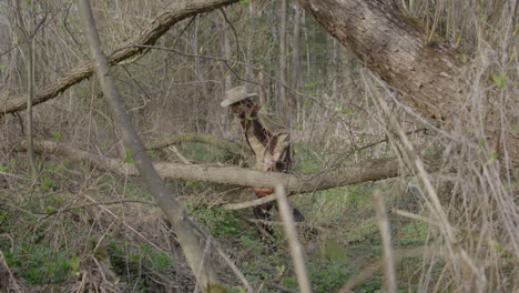 Cowboy-walking-towards-camera-in-a-forest