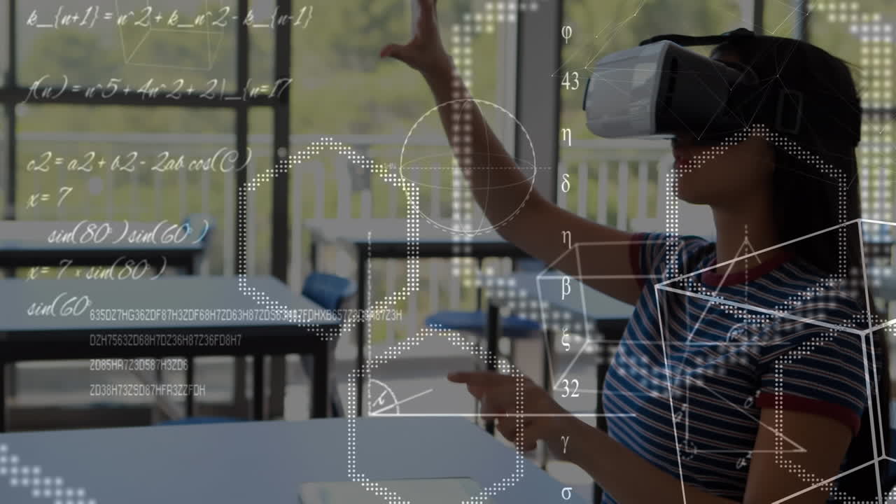 Animation of over equations over schoolgirl wearing vr headset