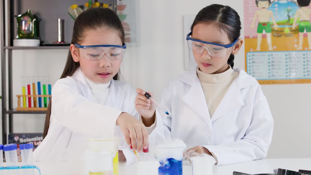 明るい教室で、白衣を着たアジア人学生たちが化学実験のためにスポイトを使っている。
