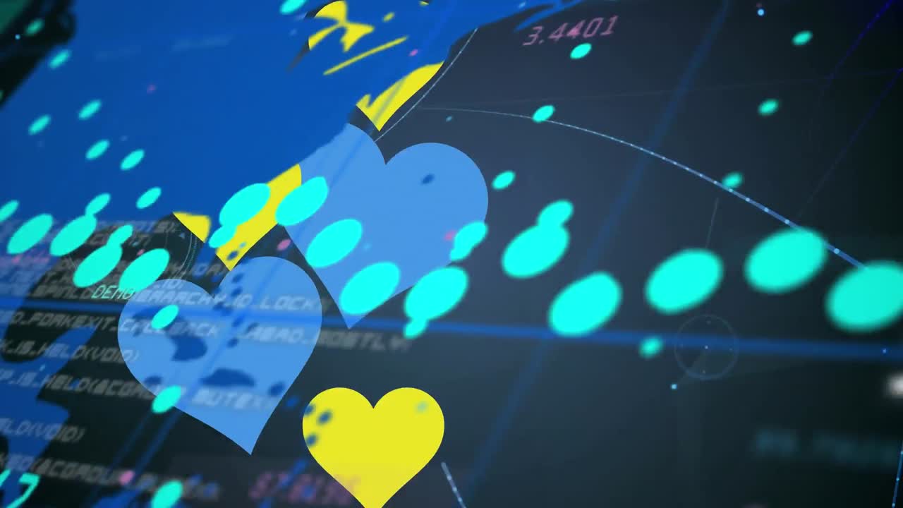 그래프, 세계 지도, 파란색과 노란색의 심장이 보라색 바탕에 그려진 애니메이션