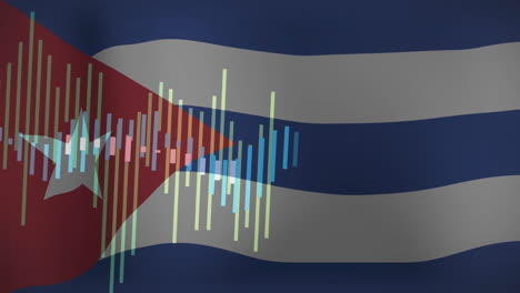 bandera cubana con animación de procesamiento de datos financieros sobre ella