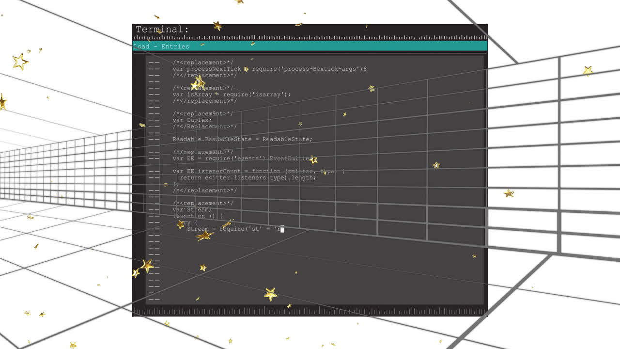 Code editor interface with floating golden stars animation over grid lines