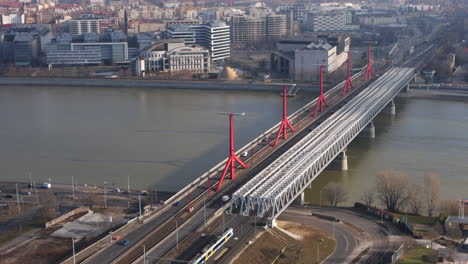 aerial view of rákóczi bridge over danube in budapest, hungary