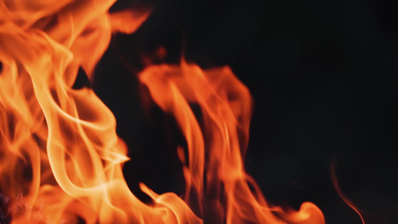 Bonfire. Burning logs in orange flames. Beautiful fire burns brightly. Slow motion