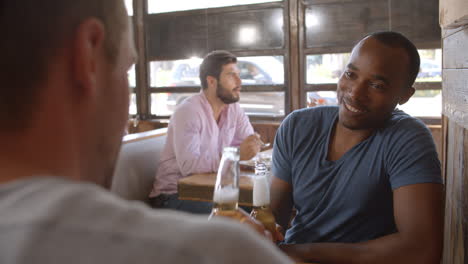 Two-male-friends-talking-at-a-make-a-toast-with-beer-bottles