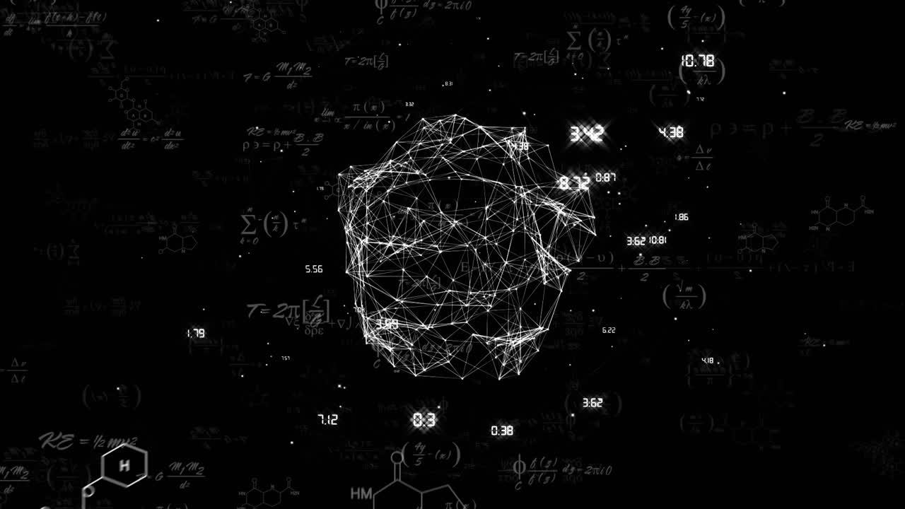 Animation of mathematical equations and shape with data processing on black background