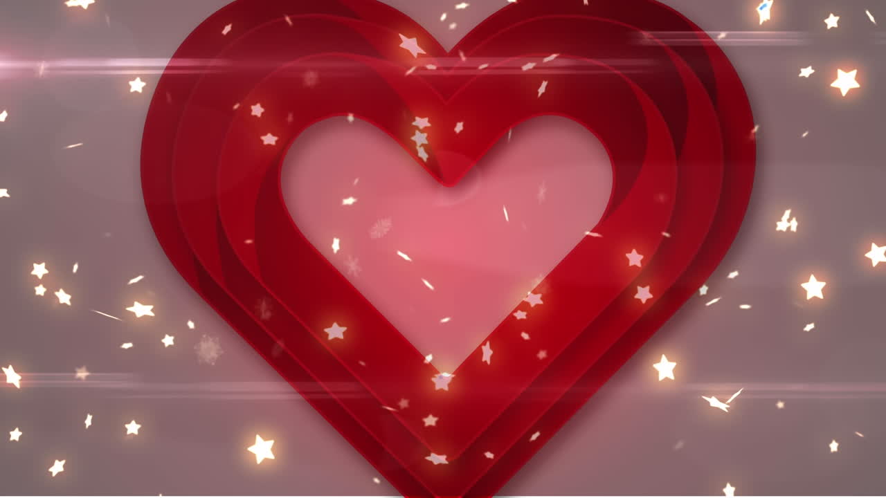 빛나는 별들이 박동하는  ⁇ 은 심장과 분홍색 빛 위에 떨어지는 애니메이션