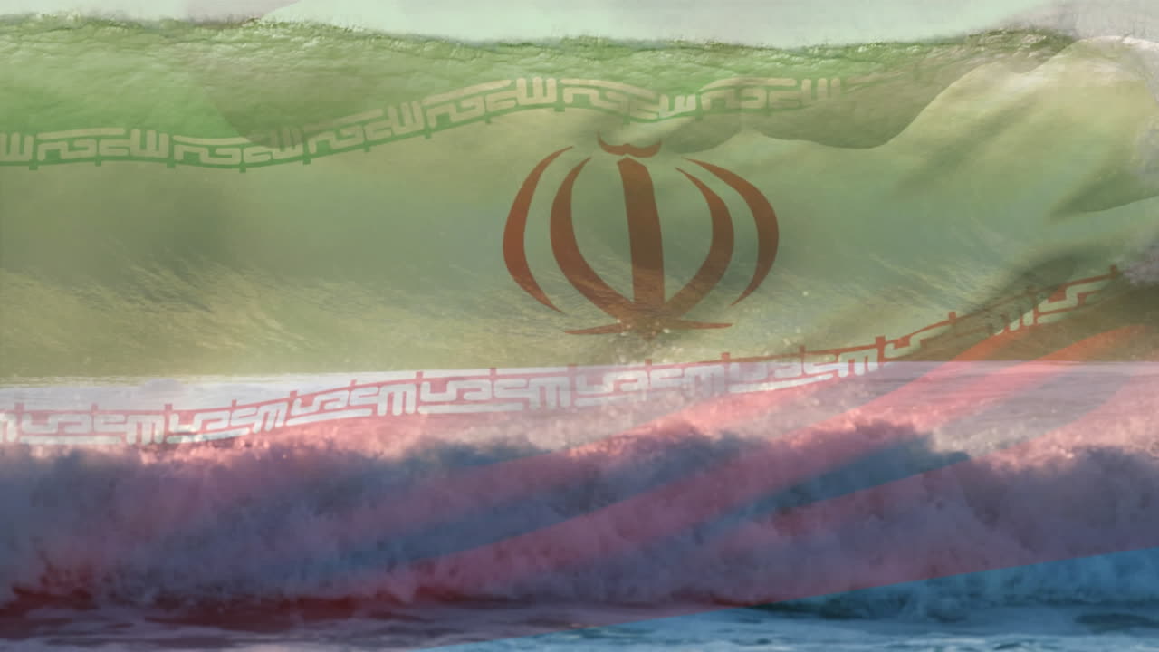 composición digital de ondear la bandera de irán contra las olas en el mar