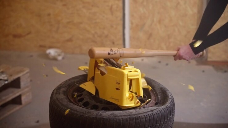 A baseball bat smashes a yellow toaster on a tire, sending plastic fragments through the air in slow motion.