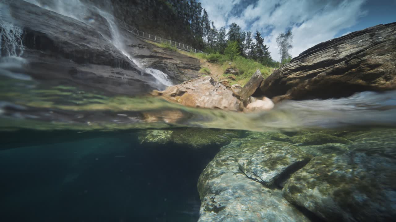 The fascinating underwater world of a shallow river with clear water and a waterfall backdrop