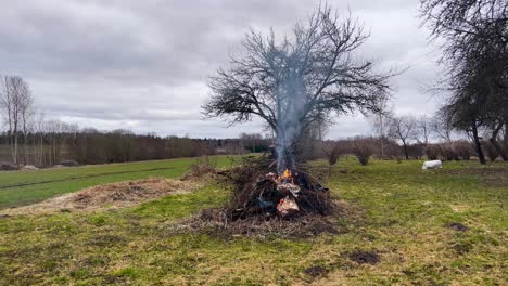 Garbage pile with tree branches burn with grey smoke in air, cottage yard