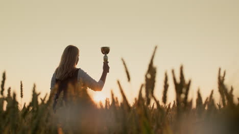 silueta de una mujer con una copa de campeón en un campo de trigo