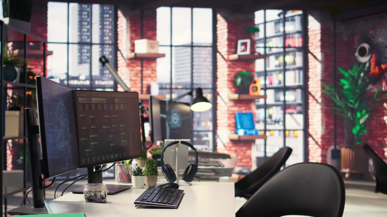 Empty desktop with futuristic software tools shows live AI brain processing