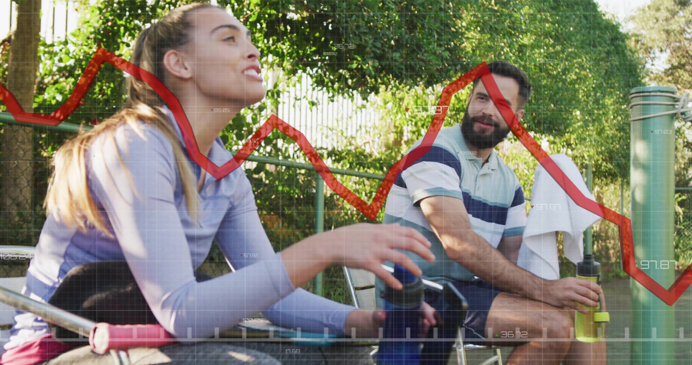 Vertical video: Reacting to red graph, woman pointing with phone and bottle, man smiling at court