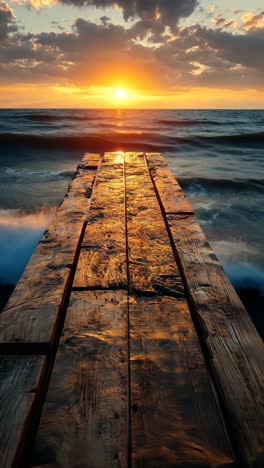 beautiful sunset over ocean water with a wooden pier extending into horizon