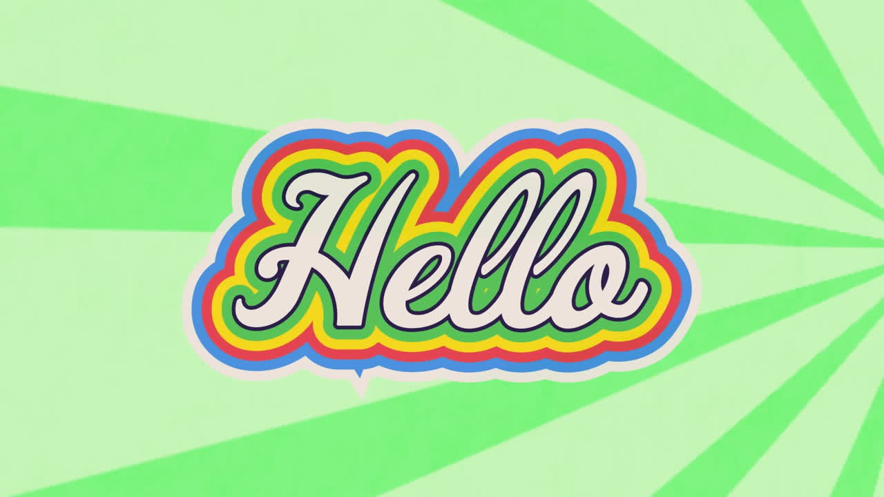 Digital animation of hello text with rainbow shadow effect against green radial background