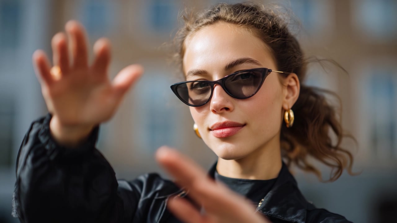 Giovane donna sicura di sé con occhiali da sole alla moda posa con le mani tese su uno sfondo urbano sfocato, emanando moda ed eleganza moderna.