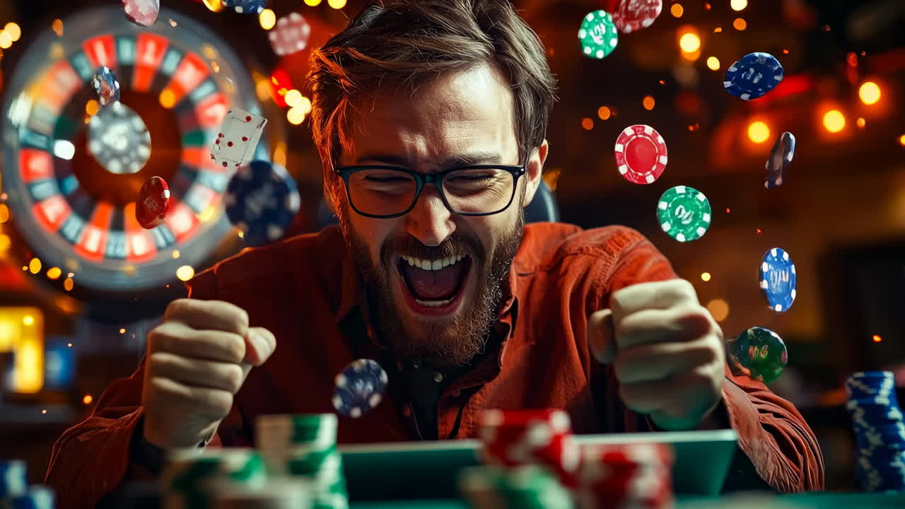 Man celebrates winning at a casino table surrounded by colorful chips and lights in a lively atmosphere