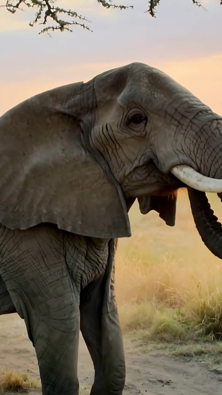 Vídeo vertical: Elefante africano se alimentando, enrolando a tromba e se movendo pela estrada ao anoitecer, a luz destacando as presas