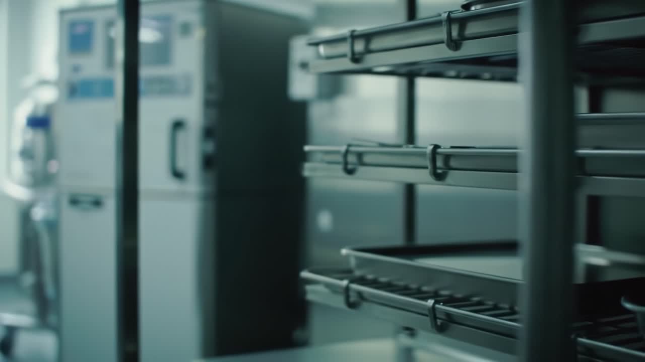 A Closer Look at an Industrial Kitchen: Stainless Steel Racks and Trays Ready for Culinary Creations in a Professional Setting