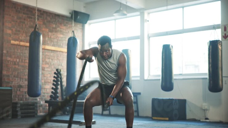Gym, battle rope and black man with training