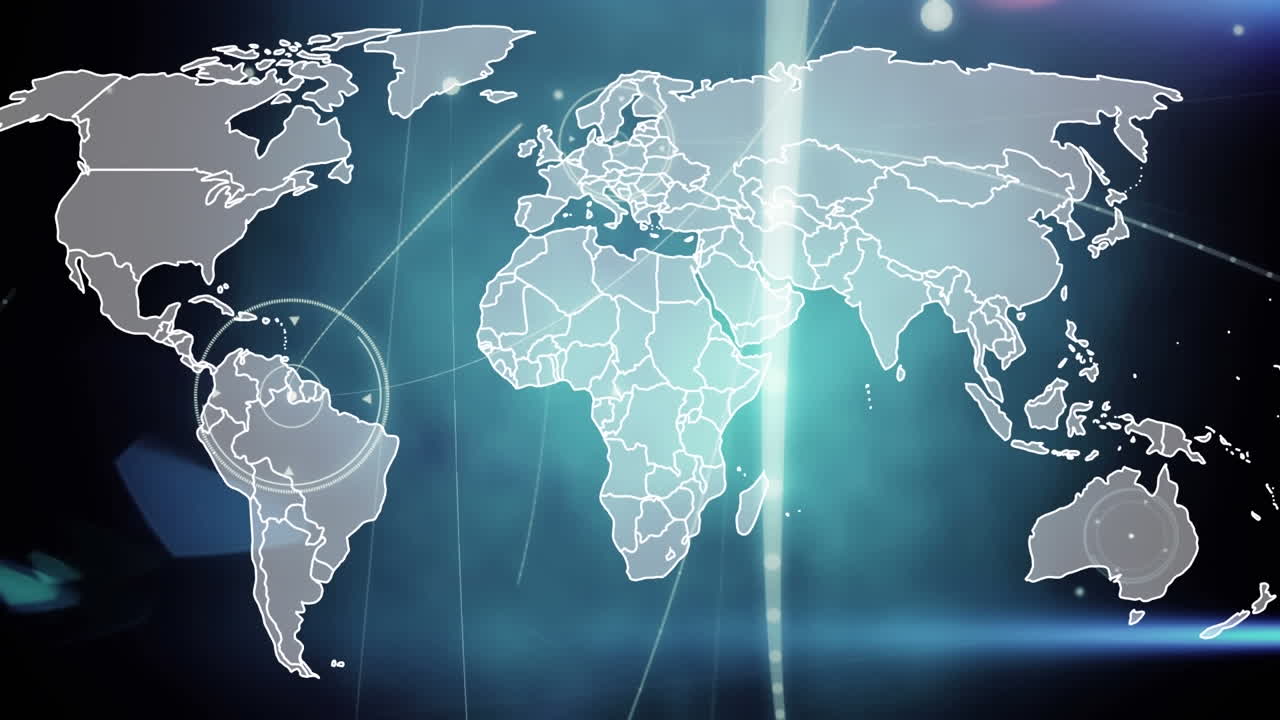 animación de la red de conexiones y senderos de luz azul sobre el mapa del mundo sobre fondo negro