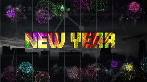 animation of new year text and fireworks on black background