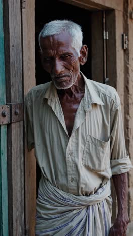 elderly man with gray hair and a traditional wrapped garment stands in a wooden doorway, looking directly at the camera with a serious expression