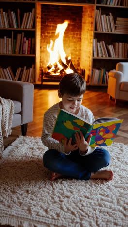 child reading by the fireplace