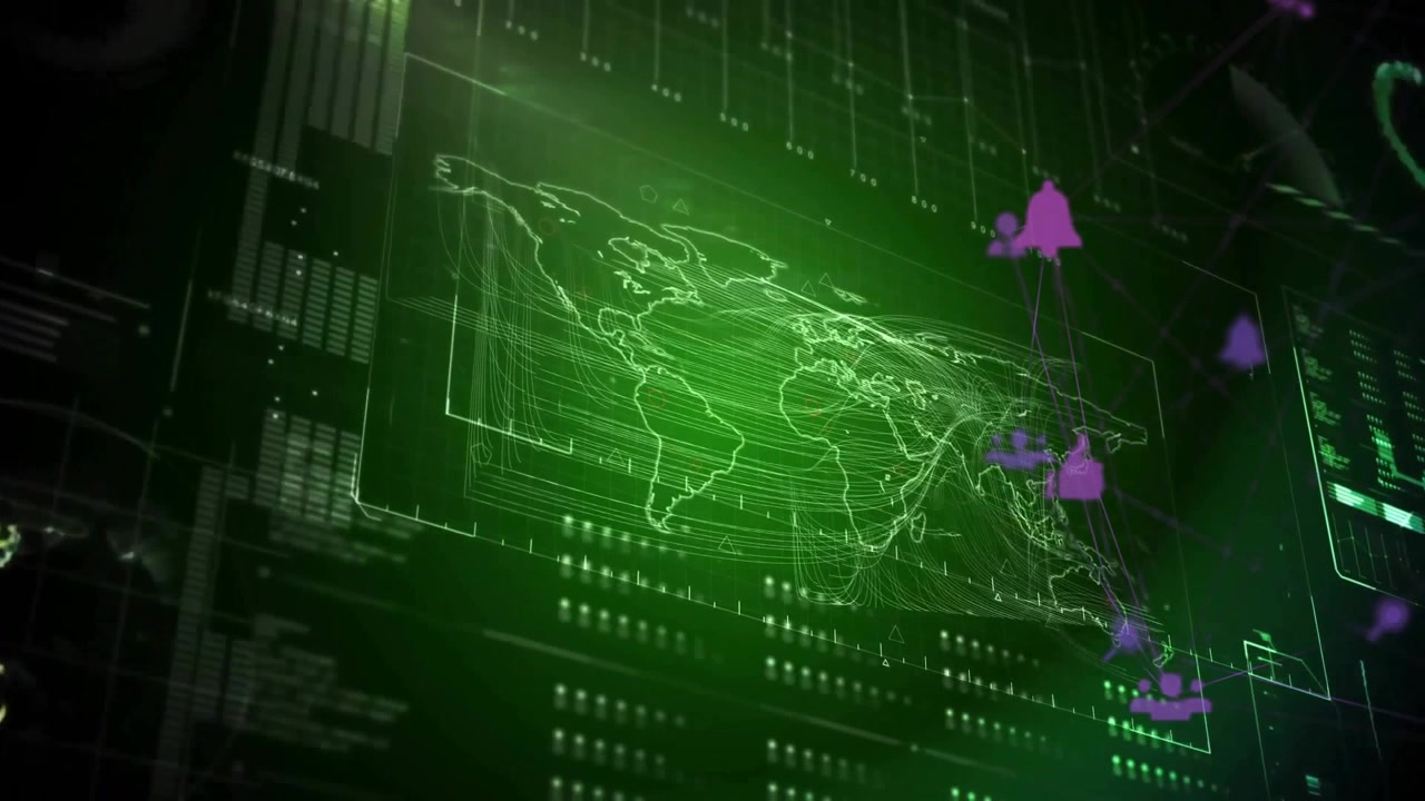 Glowing green wireframe world map rotating in HUD, streaming lines and purple network icons