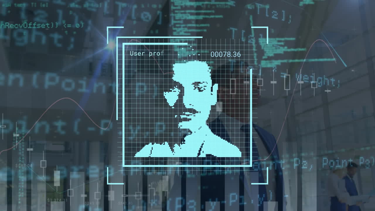Animation of social media photos and data processing over caucasian businessmen walking