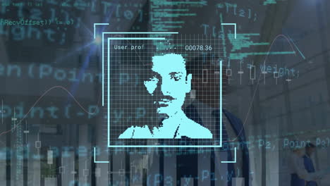 animación de fotos de redes sociales y procesamiento de datos sobre hombres de negocios caucásicos caminando