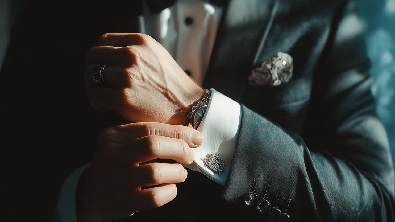 A Dapper Individual Adjusting the Cuff of a Well-tailored Suit with Elegant Accessories, Emphasizing Style and Sophistication in a Chic Atmosphere