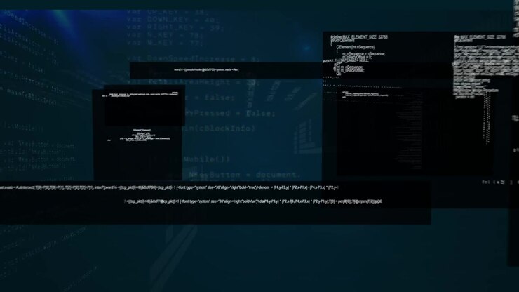 Animation of data processing and binary coding on blue background