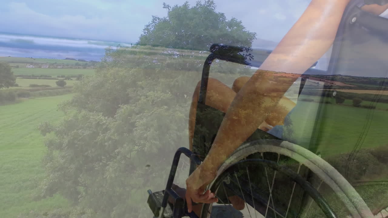 In wheelchair, person viewing scenic countryside with lush green landscape animation