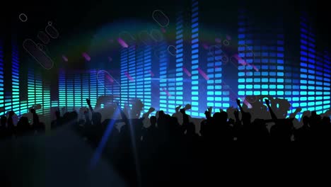 animation of people silhouettes dancing with spotlights and graphic music equalizer