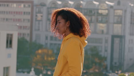 hermosa mujer afroamericana con estilo afro disfrutando del estilo de vida de verano en el techo al atardecer