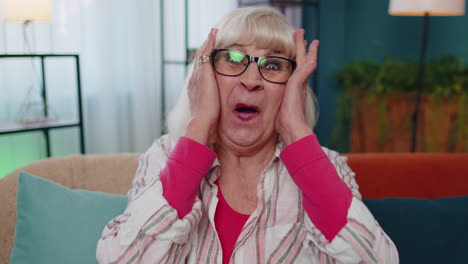 wow, excited amazed senior old grandmother raising hands in surprise looking at camera with big eyes